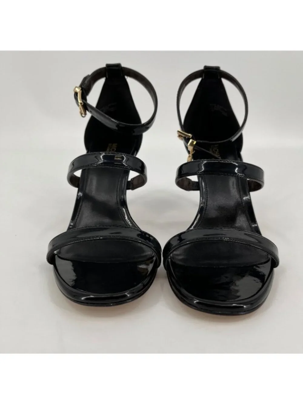 Michael Kors Koda Sandals Black Size 6.5M Faux Leather 3in Heel Ankle Strap